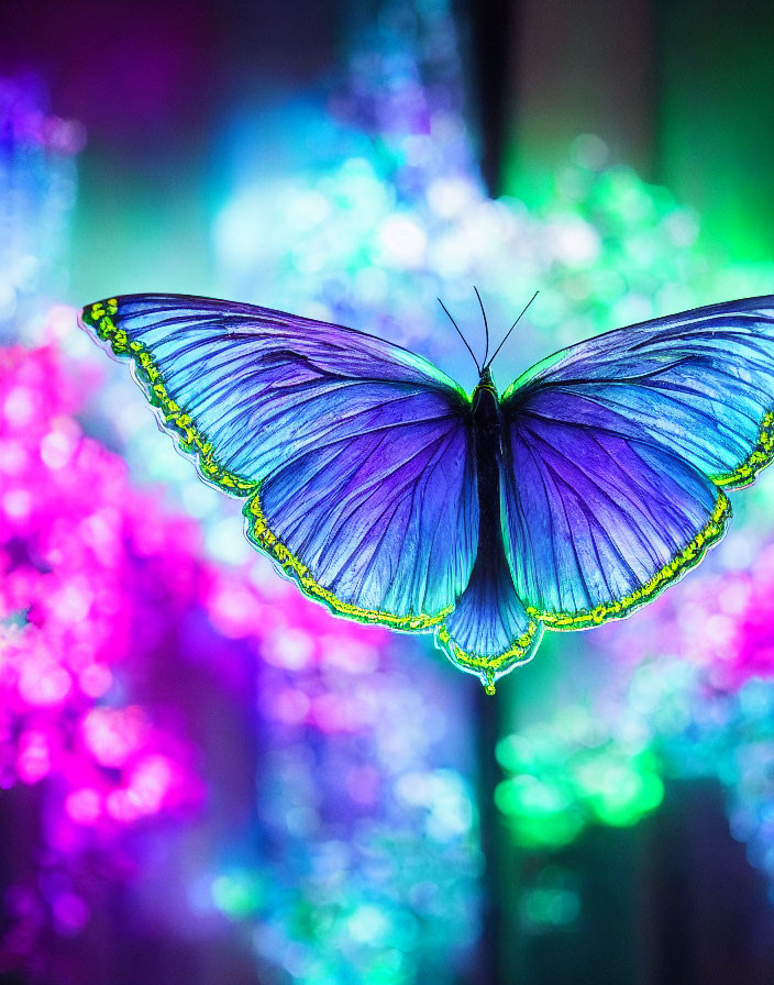 Colorful Blue Butterfly with Yellow-Edged Wings in Soft-Focus Lights