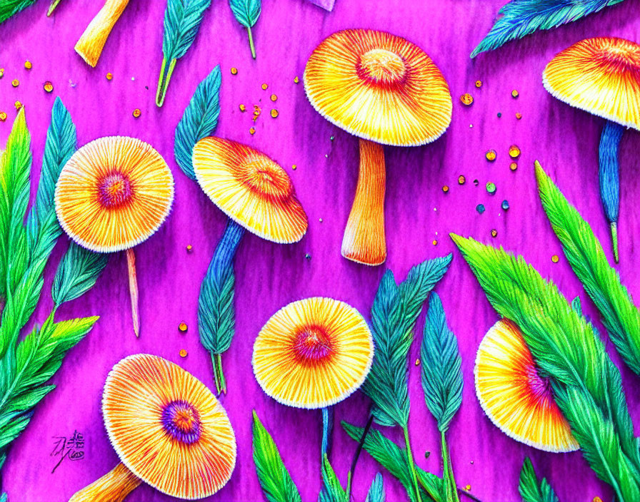 Colorful Mushroom and Leaf Illustration on Textured Purple Background