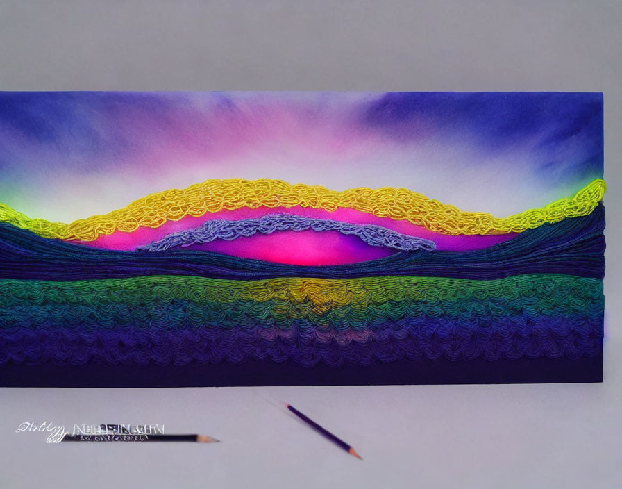 Vibrant 3D paper art of sunset landscape with pencils