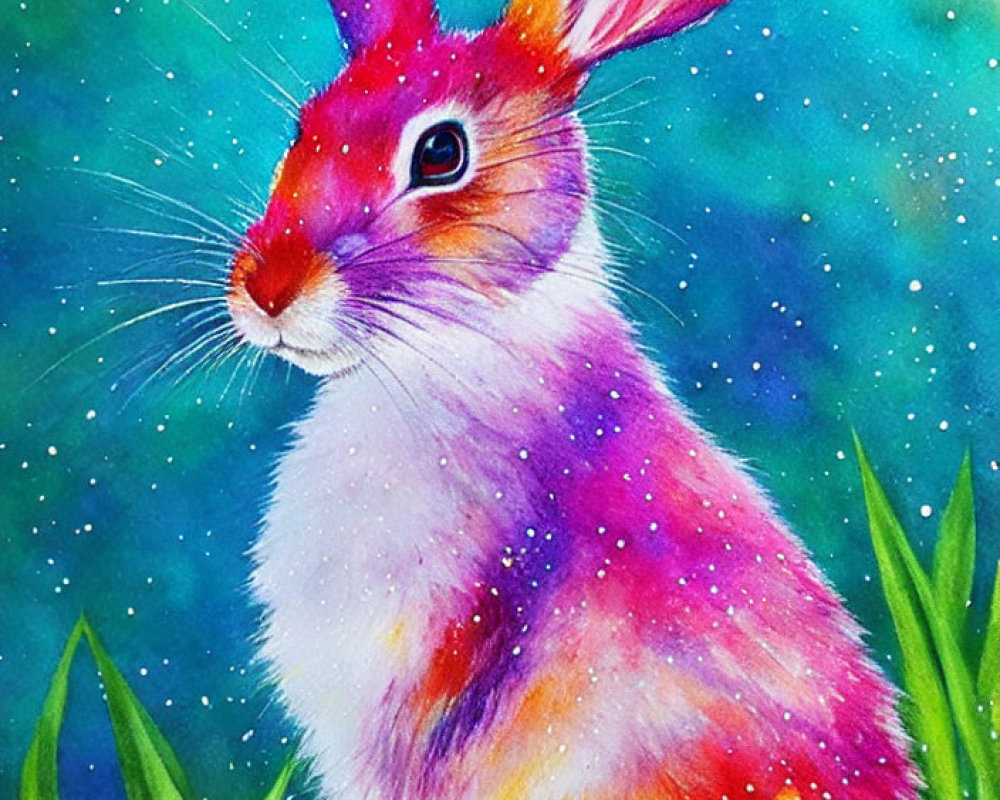 Colorful cosmic-themed rabbit painting on green grass background