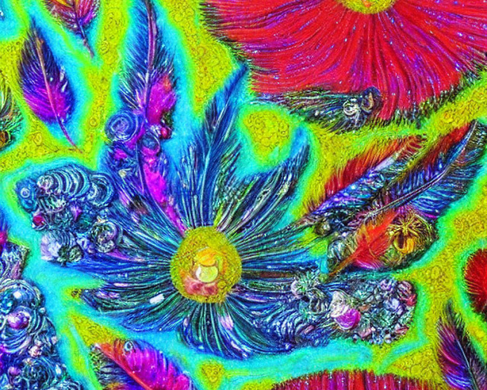 Colorful Psychedelic Artwork: Fluorescent Red Flowers, Swirling Patterns, Feather-like