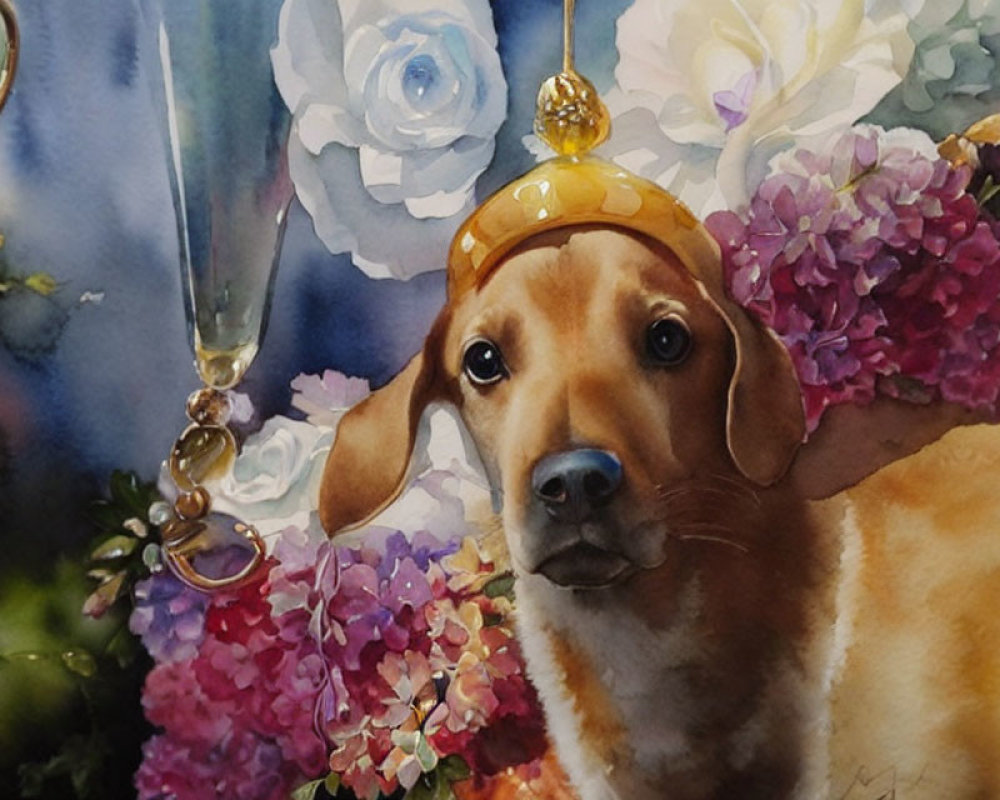 Brown Dog in Yellow Hat Surrounded by Flowers and Beads