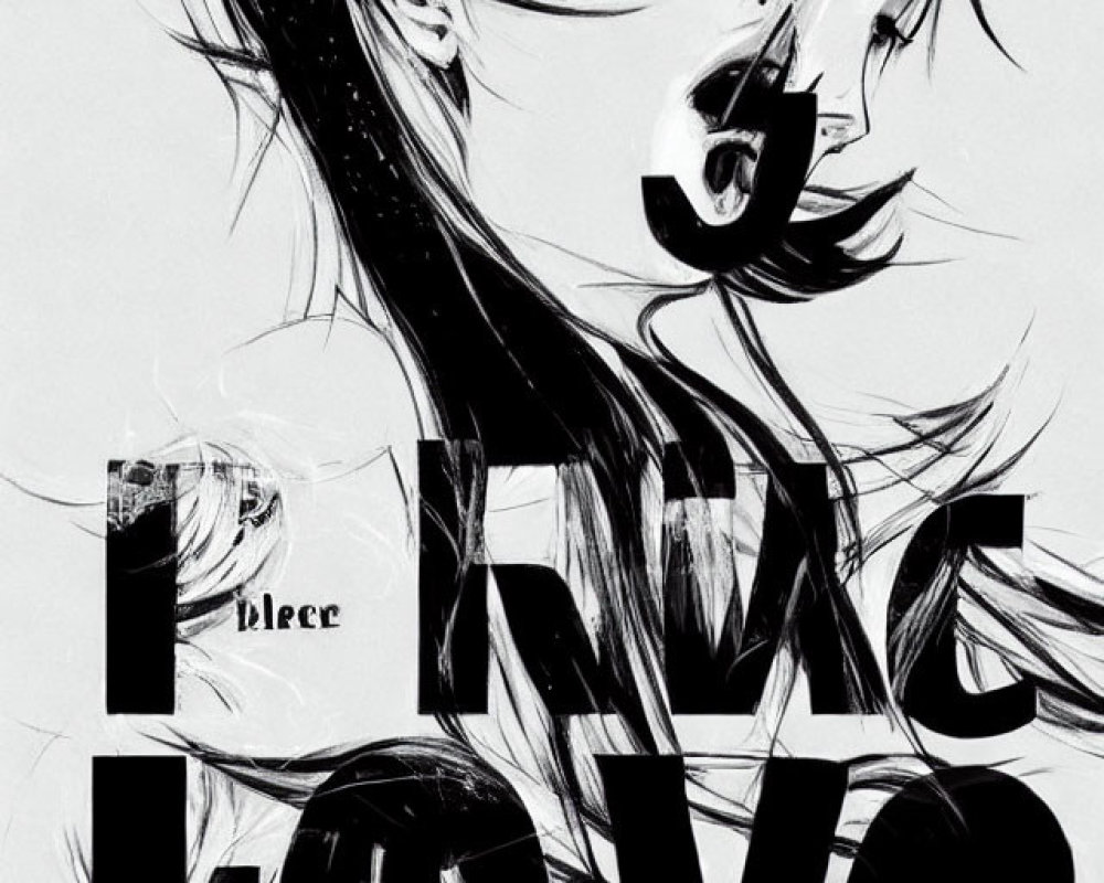 Monochrome stylized female figure with flowing hair and fragmented text overlay