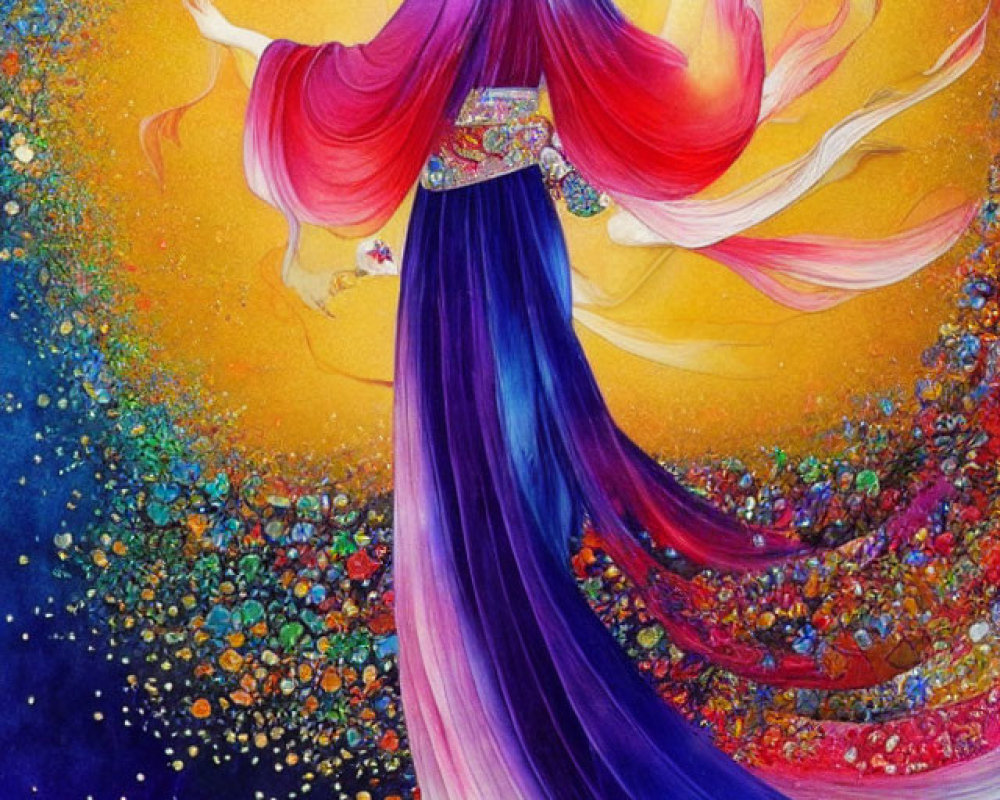 Vibrant Asian woman in gradient robes on starry backdrop