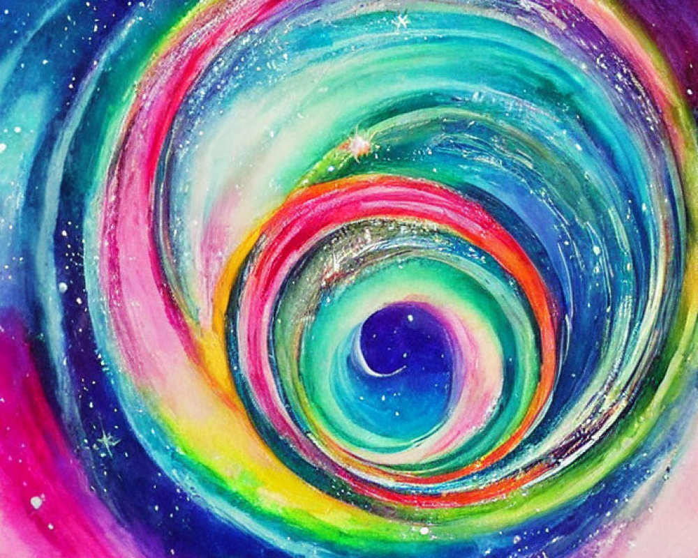 Colorful Watercolor Painting of Cosmic Spiral Galaxy in Blue, Pink, and Green