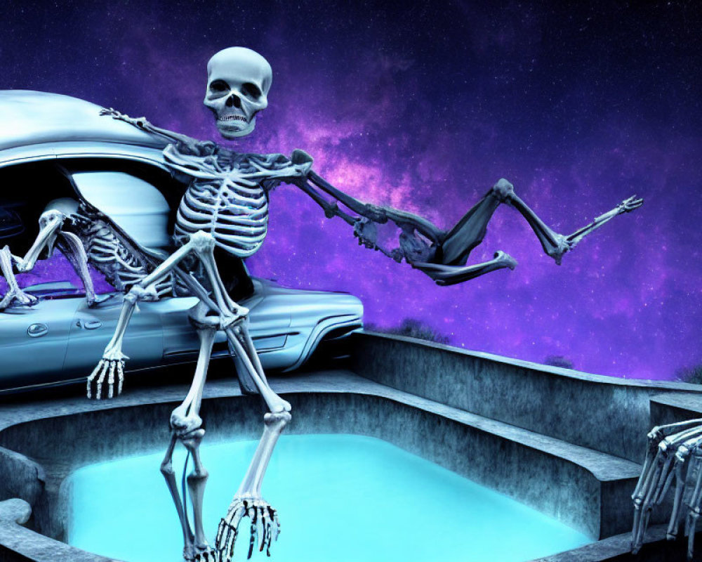 Skeletons posed around classic car under starry purple sky, one by blue-lit pool.