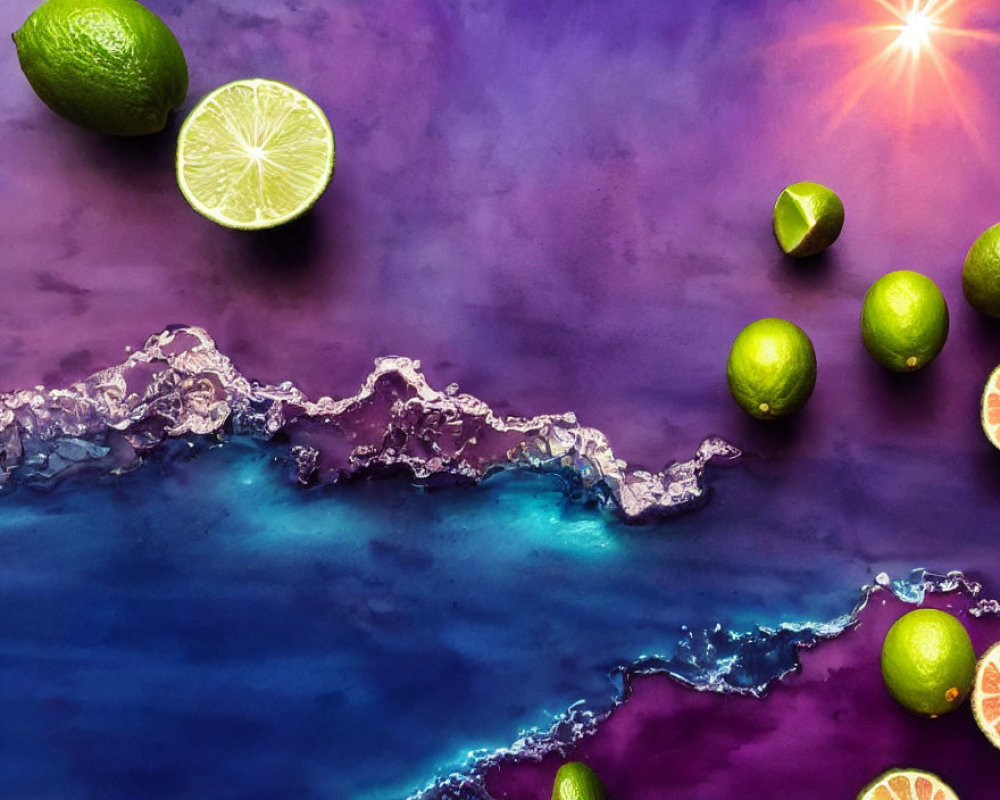 Fresh limes and water splash on colorful surface