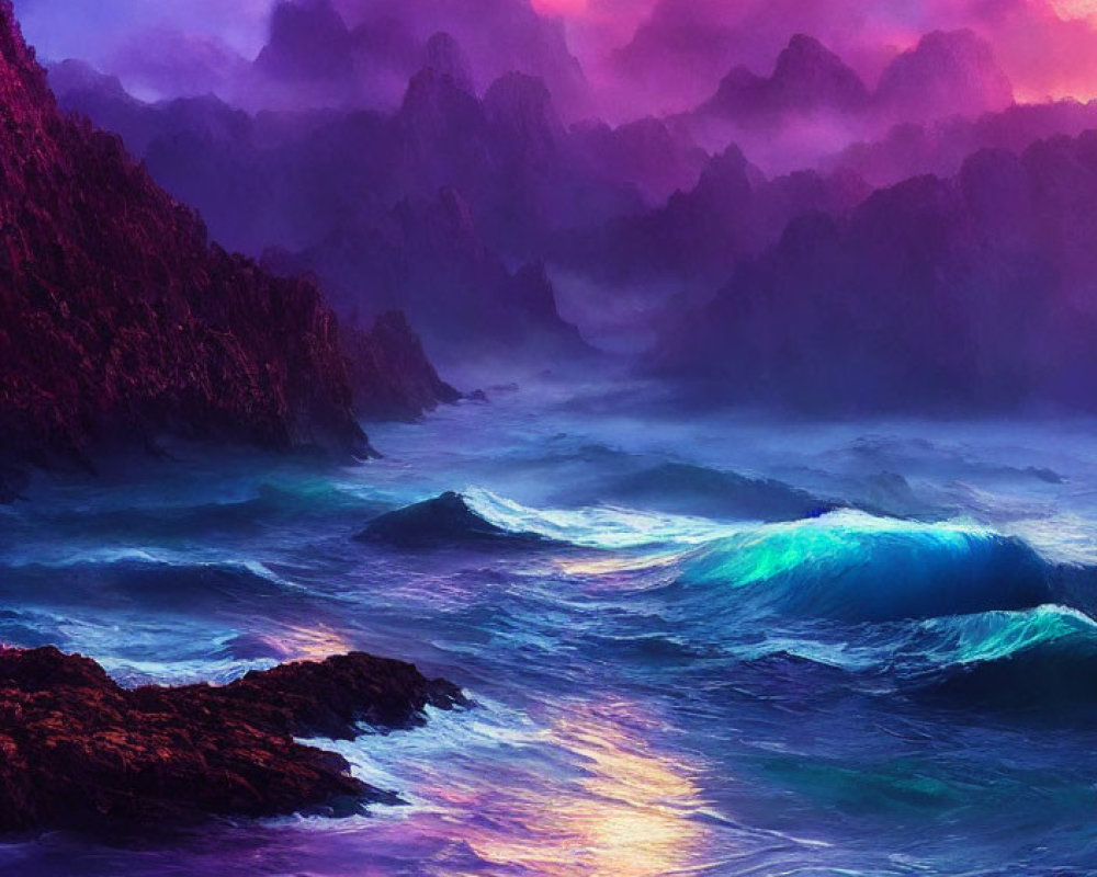 Vivid Seascape with Pink Clouds, Turquoise Waves, and Purple Haze