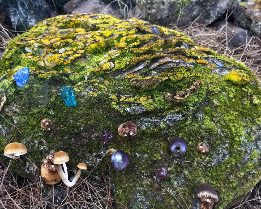 Moss-Covered Rock with Lichen, Crystals, and Mushrooms