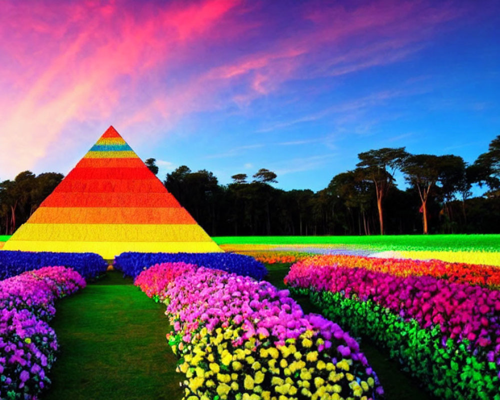 Colorful Flower Pyramid in Vibrant Garden Sunset Sky