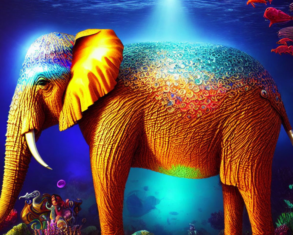 Colorful Elephant Underwater Surrounded by Fishes and Coral