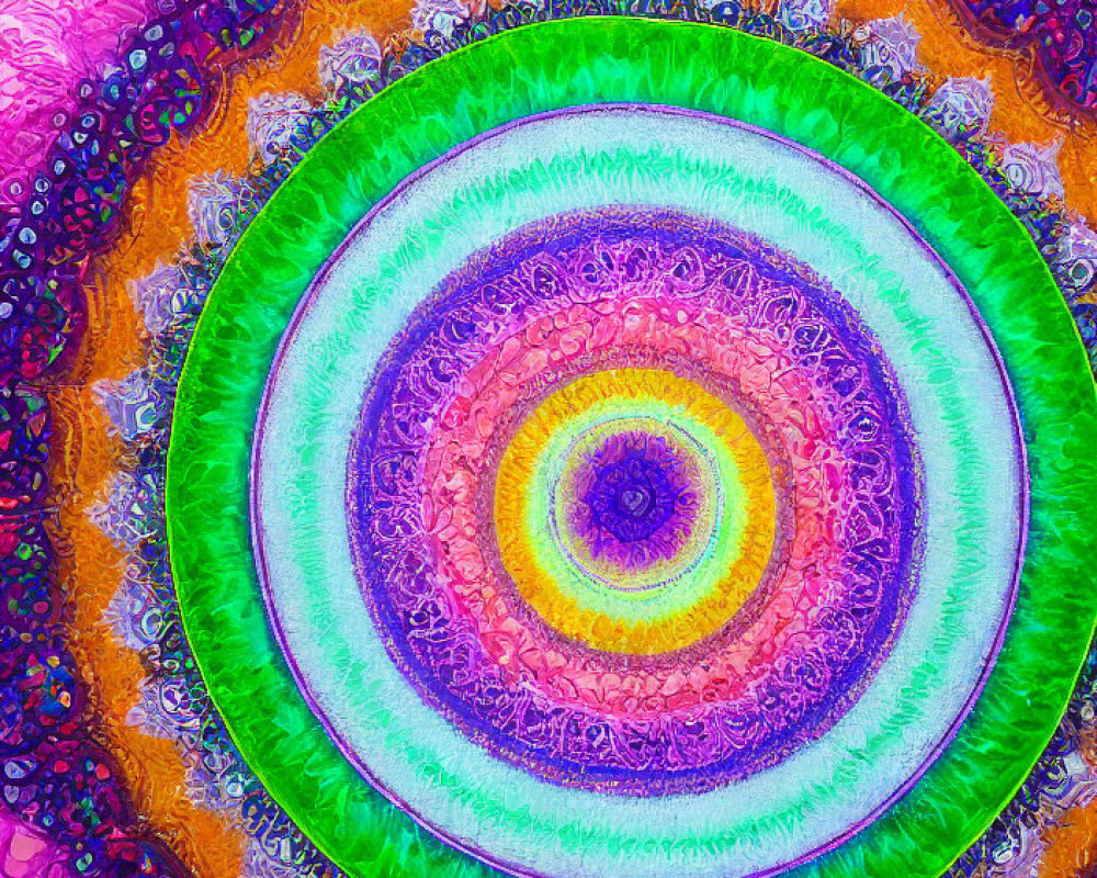 Colorful Psychedelic Mandala Pattern with Concentric Circles in Purple, Green, and Orange