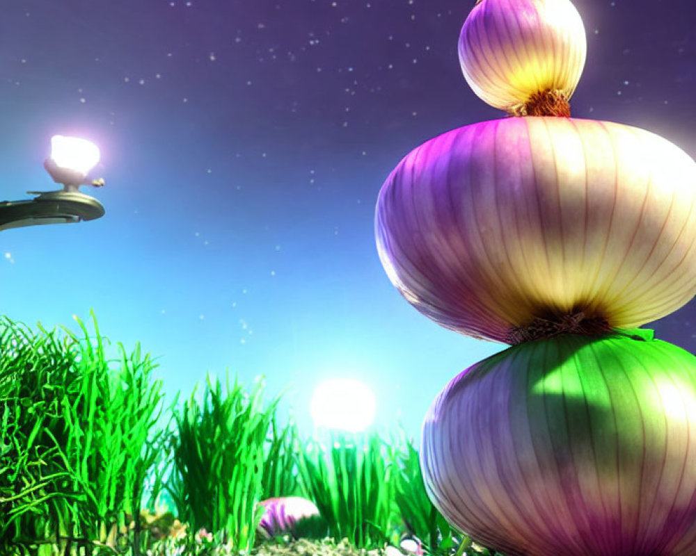 Digital Art: Oversized onions stacked in a grassy field under a starlit sky with glowing orbs