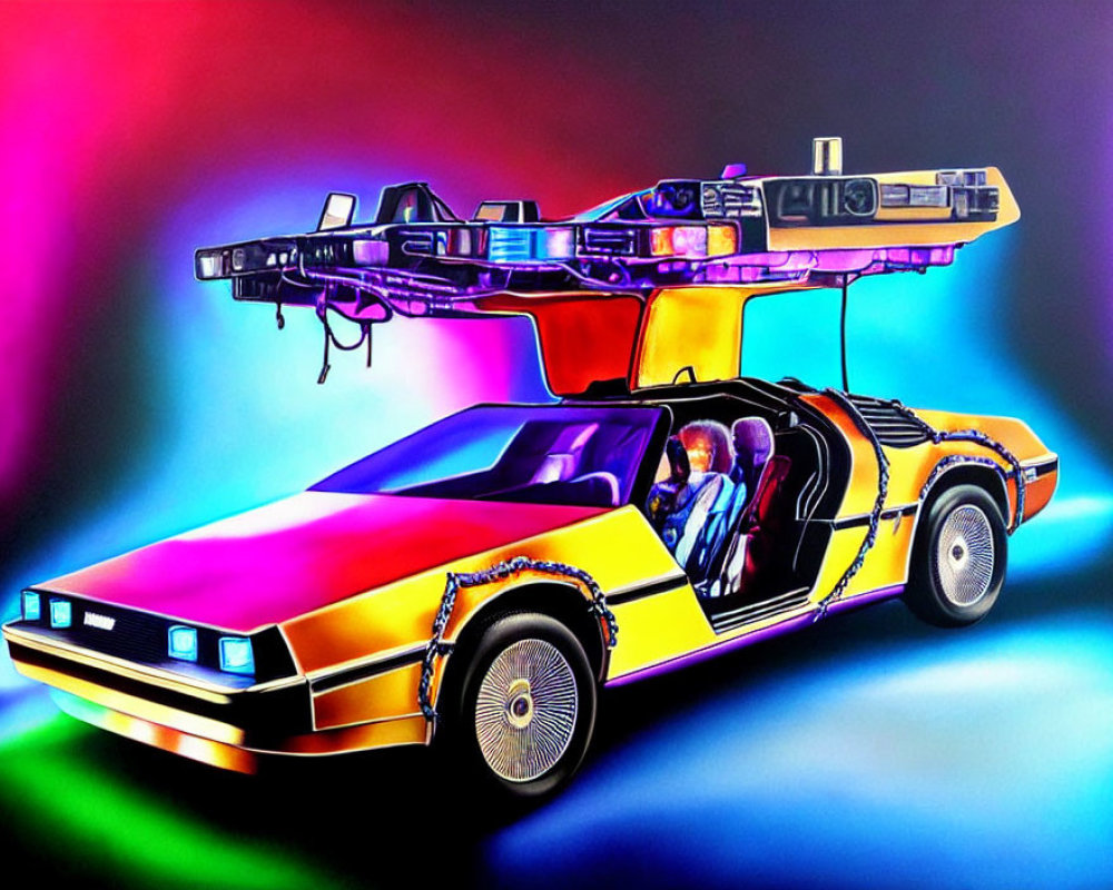 Colorful DeLorean Car Illustration on Neon Background