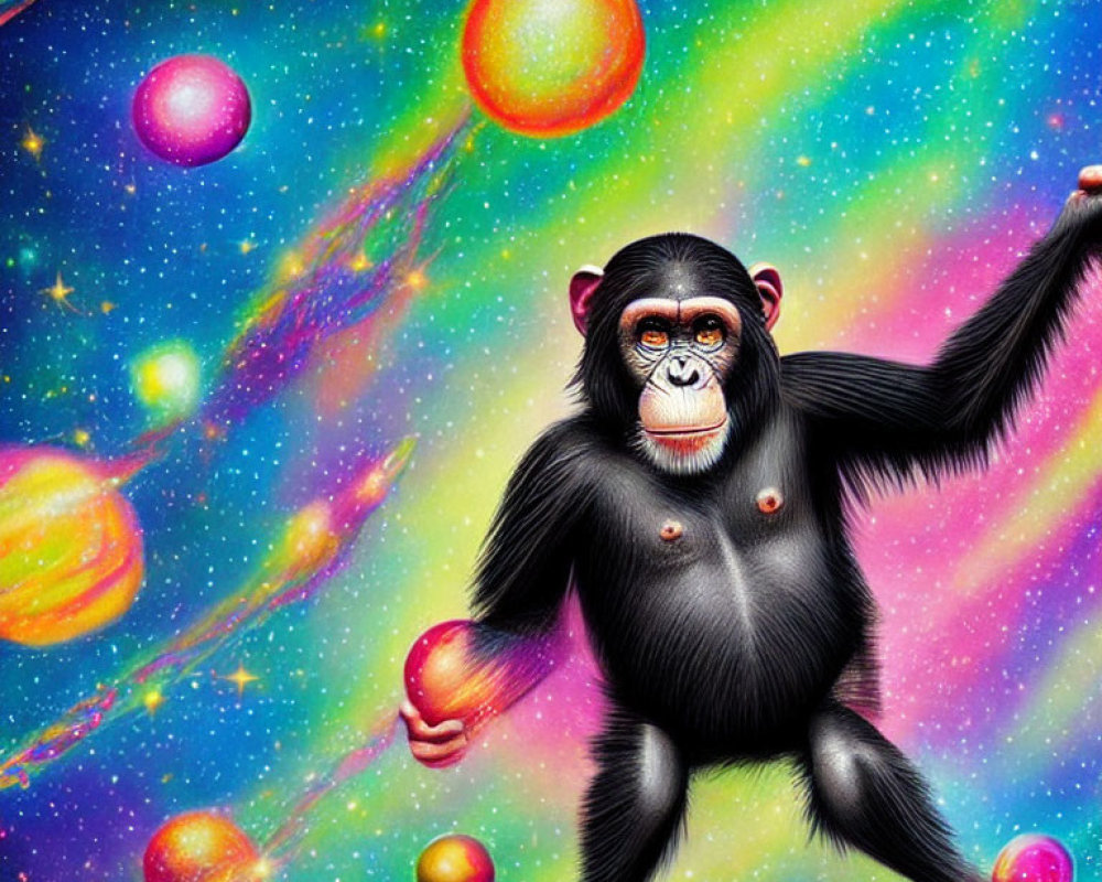 Chimpanzee in cosmic setting with colorful nebulae and glowing orbs