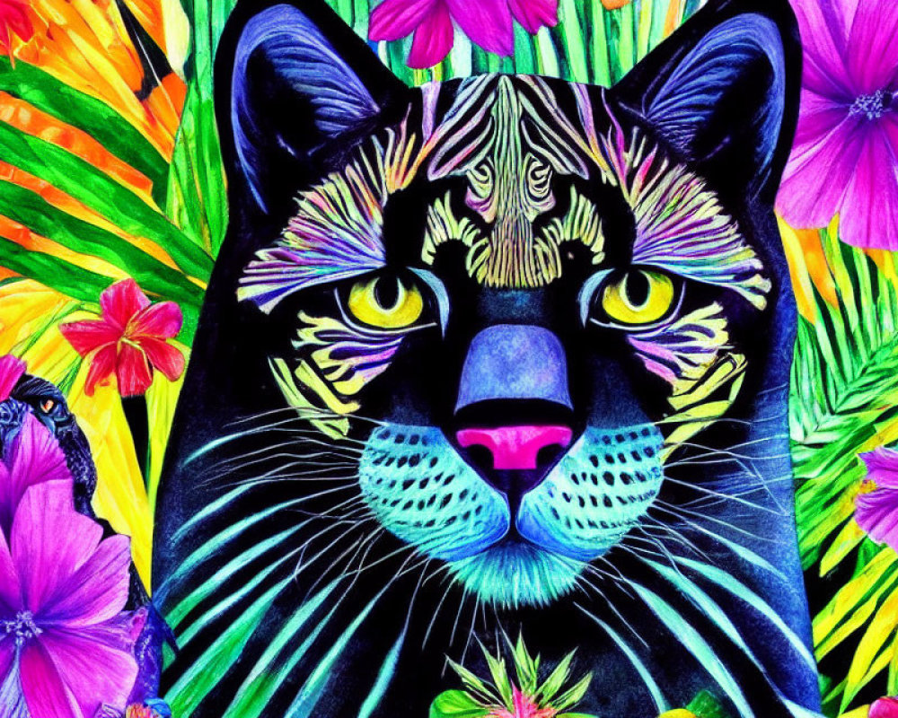 Colorful Stylized Black Cat Artwork with Floral Backdrop