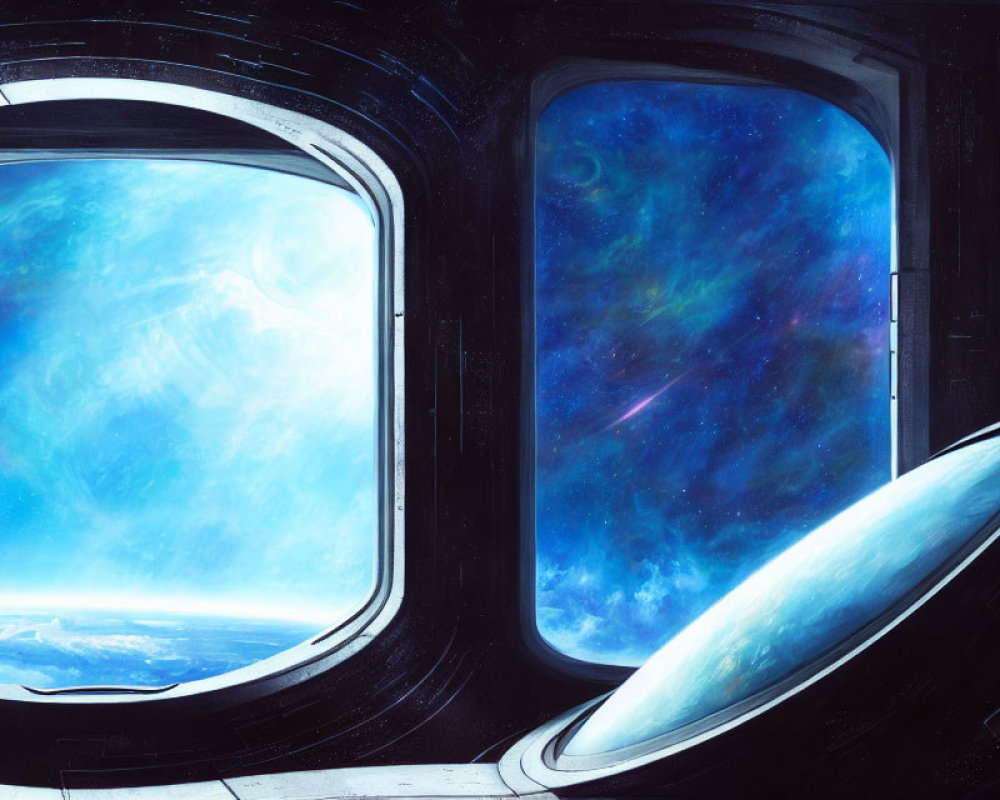 Spaceship's windows display vibrant blue nebula and distant planet.