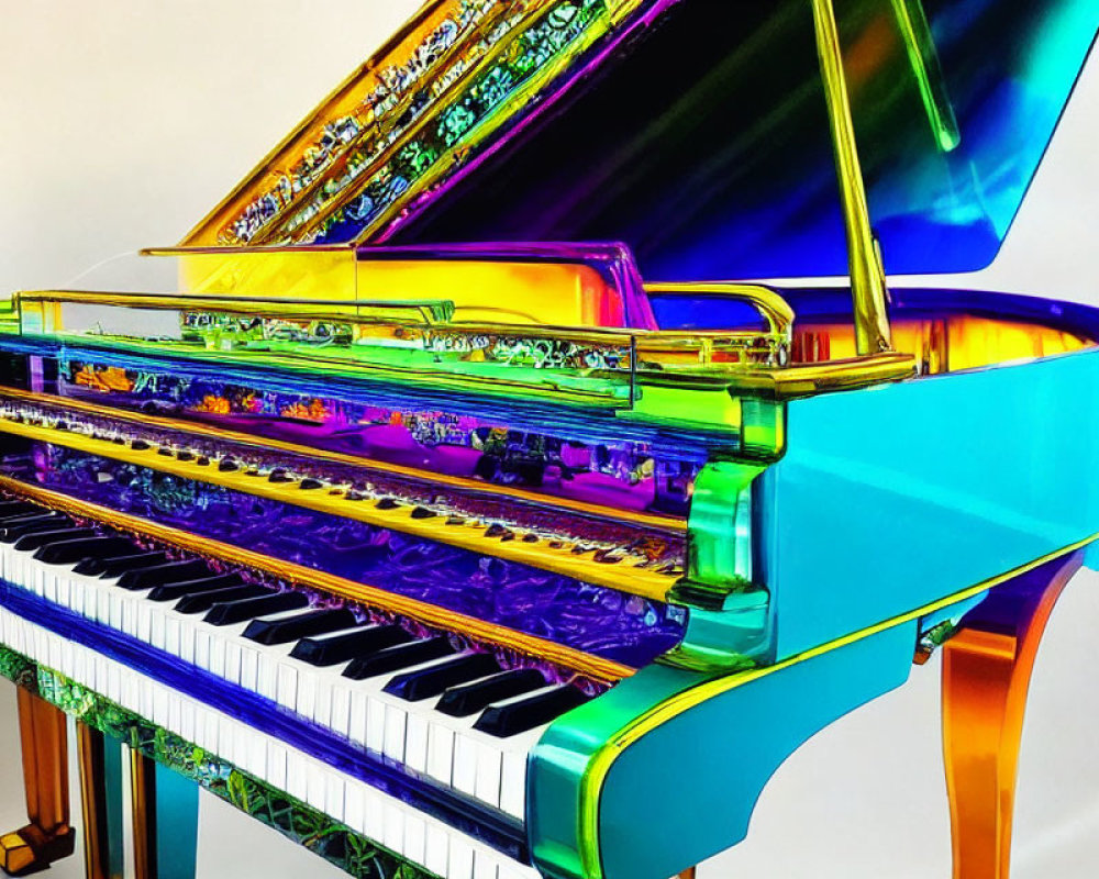 Rainbow-Colored Grand Piano with Transparent Lid on White Background