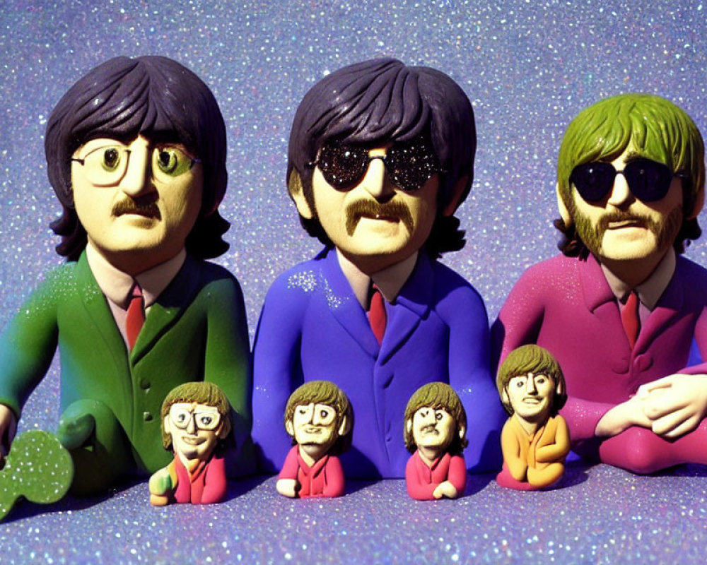 Exaggerated Beatles-inspired figurines on purple glitter background