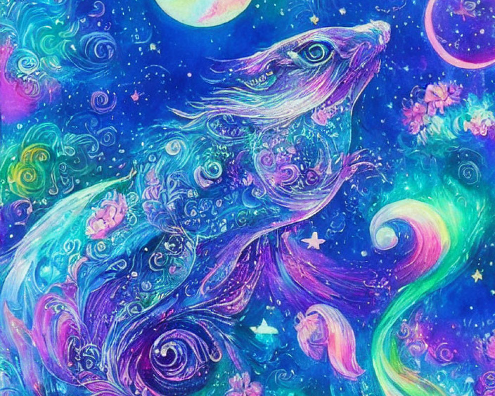 Colorful Cosmic Wolf Artwork with Stars and Nebulae Patterns in Space