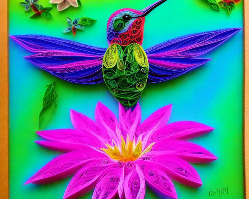 Vibrant hummingbird paper quilling art with pink flower on green background