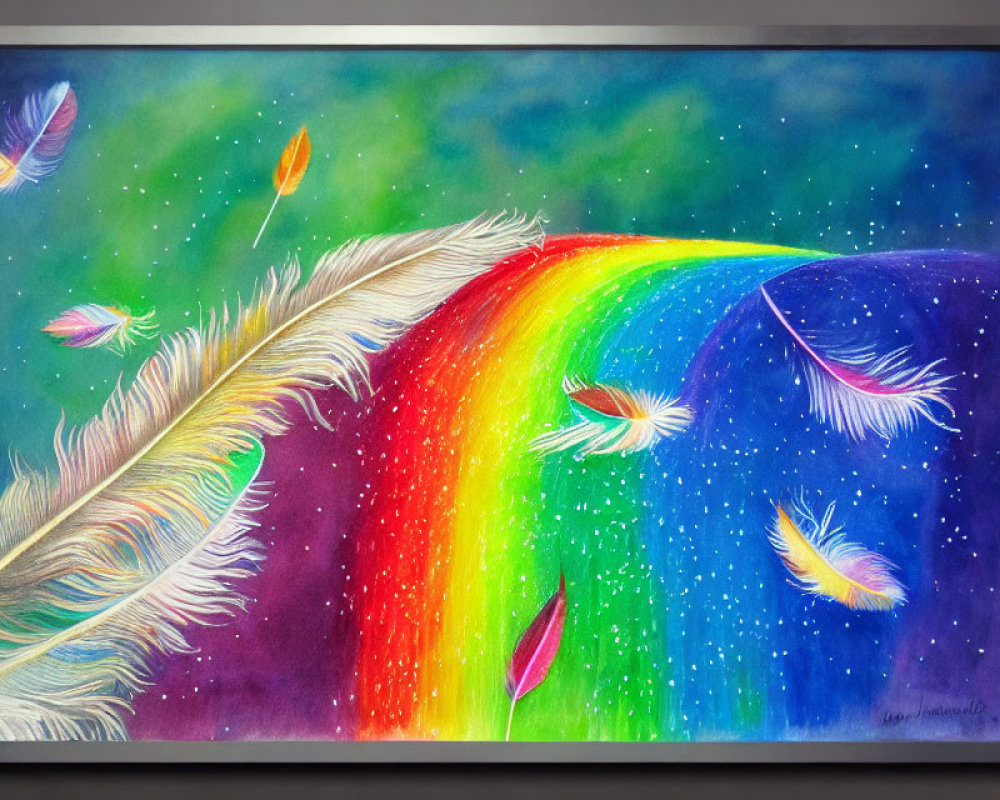 Colorful Rainbow Painting with Feathers and Quill in Starry Sky