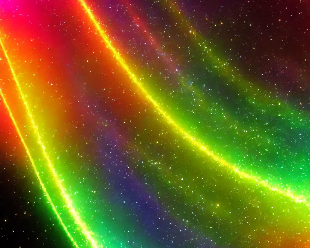 Colorful Neon Light Streams Against Starry Space Background