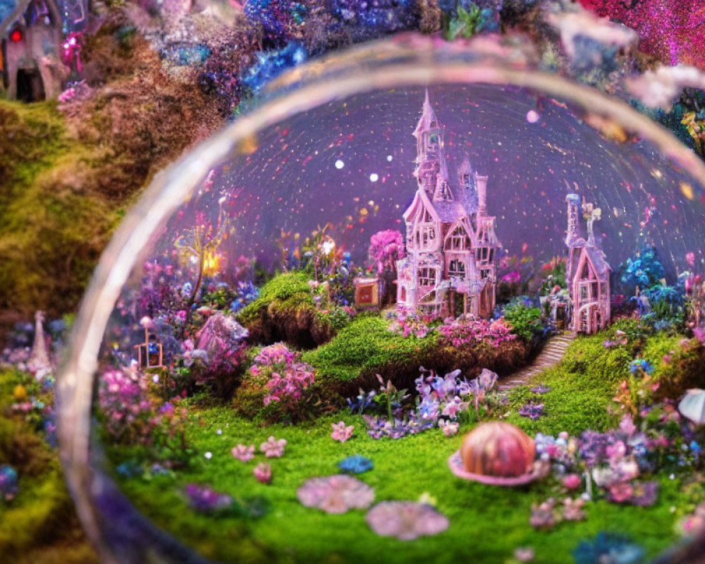 Detailed miniature fairy tale scene with castle and garden in crystal ball