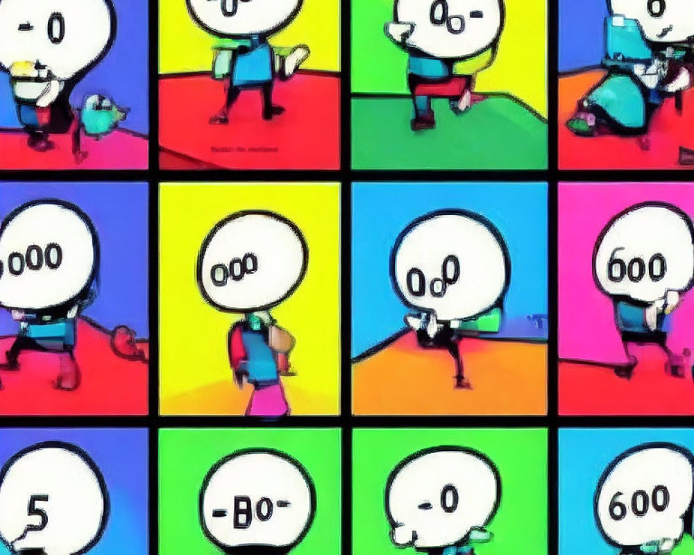 Cartoon Character Grid with Emotive Responses to Numbers