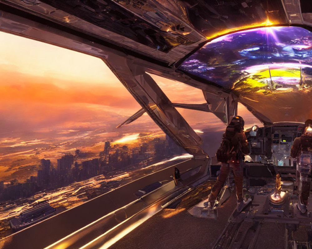 Futuristic spaceship cockpit with crew overlooking cityscape at sunset