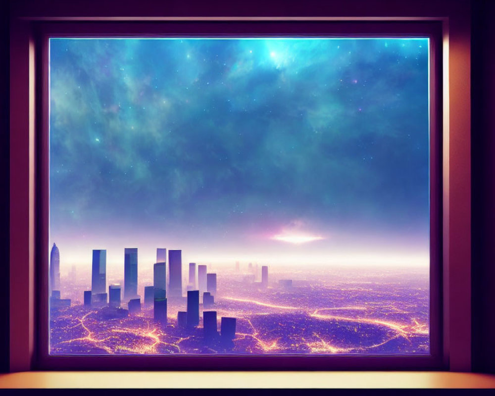 Vibrant nighttime cityscape through window with cosmic sky