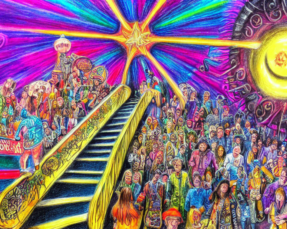 Colorful drawing of diverse people on escalators between vibrant psychedelic realms