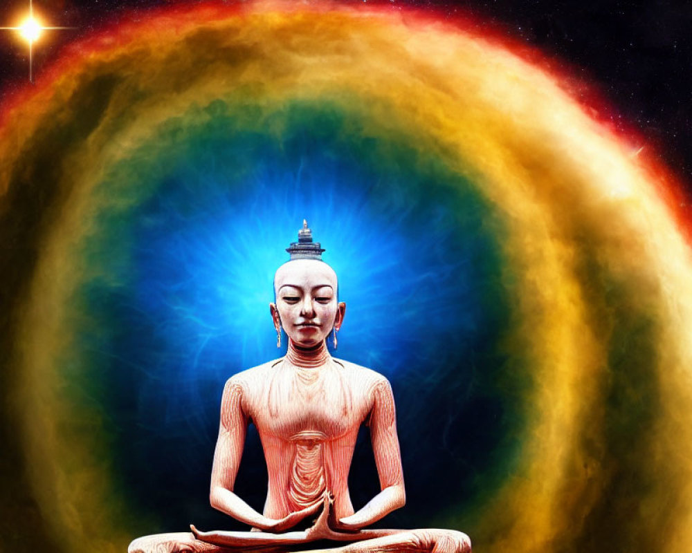 Serene Buddha statue meditating with colorful aura on starry background