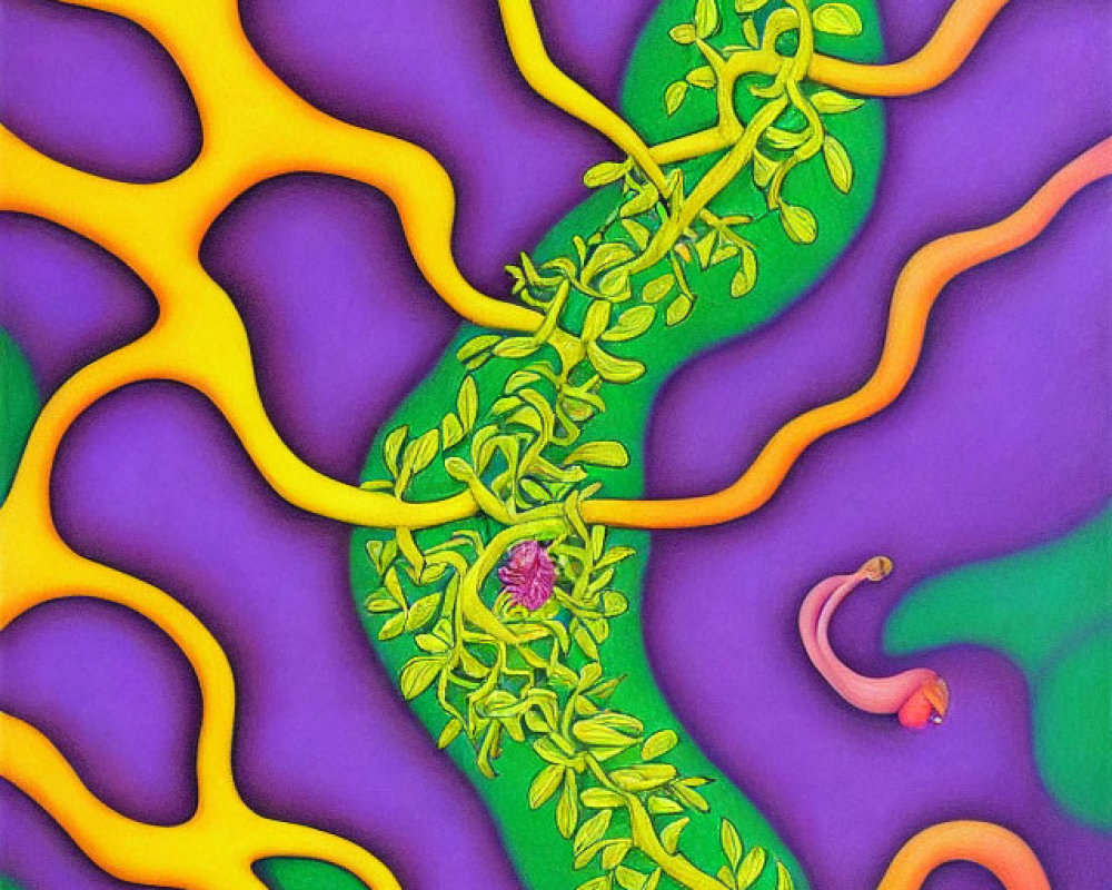 Colorful painting of green vines, pink flower, yellow paths, and purple background