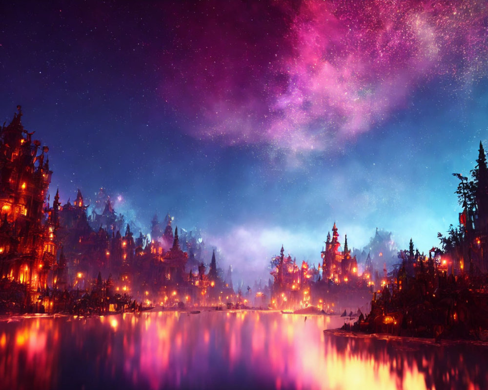 Scenic lakeside city at night with purple and pink starry sky