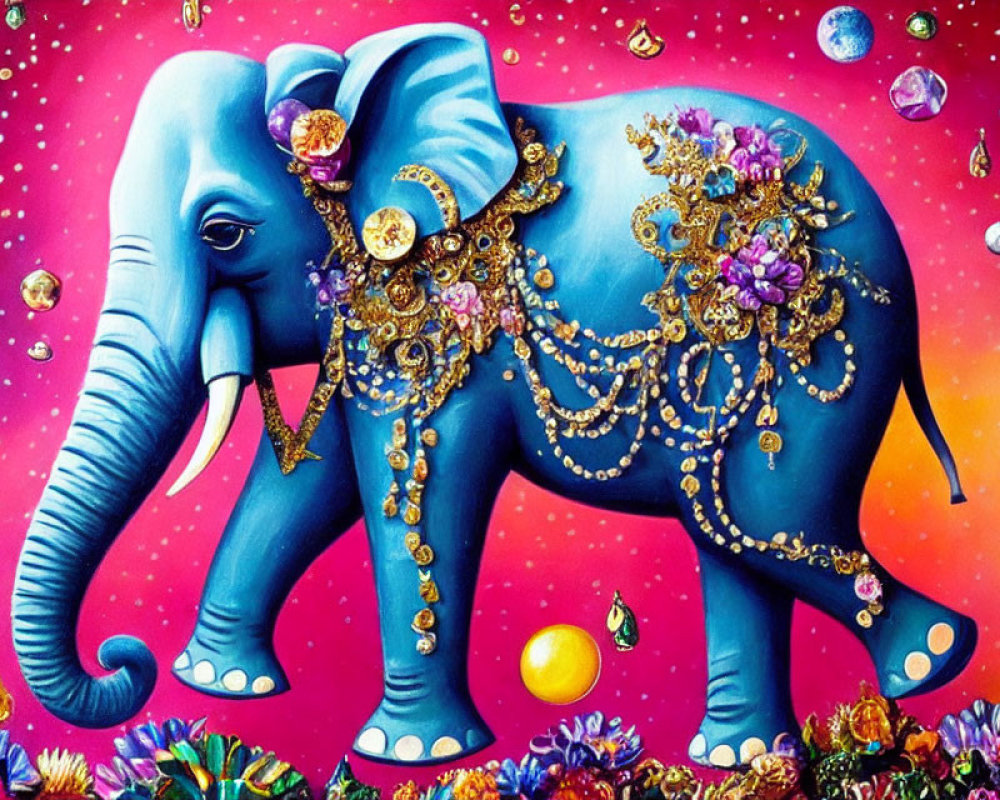 Colorful painting of adorned elephant in cosmic setting with lanterns and gemstones