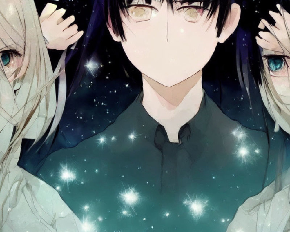 Male Anime Character with Black Hair and Cosmos Shirt Surrounded by Two Female Characters with Blond Hair and Blue