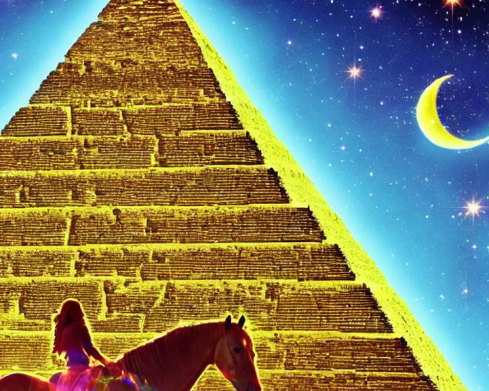 Colorful digital art: golden pyramid, crescent moon, and translucent horse under starry sky