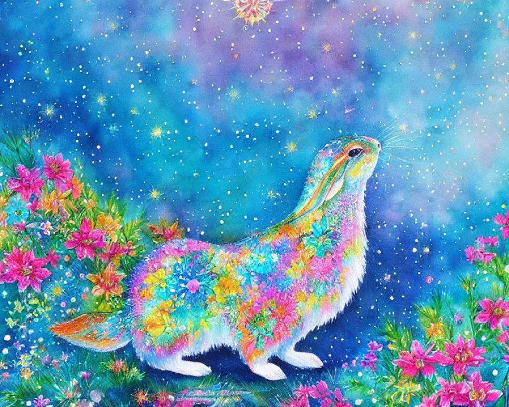 Colorful Rabbit in Flower Garden with Starry Sky