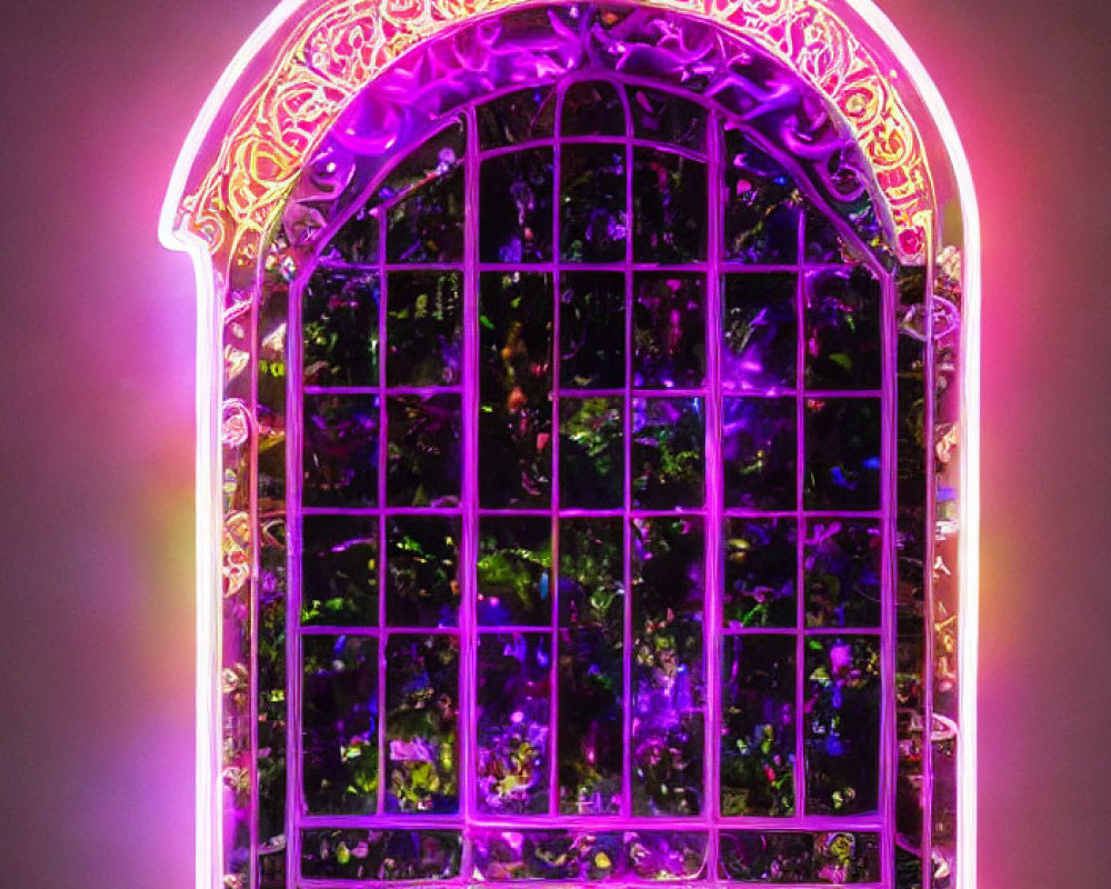 Intricate Purple-Pink Neon Window Design on Dark Background