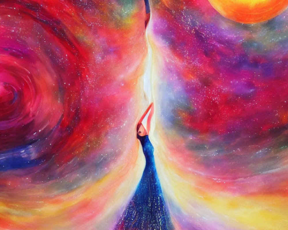 Colorful Artwork: Figure in Cosmic Dress Surrounded by Galaxies and Sun