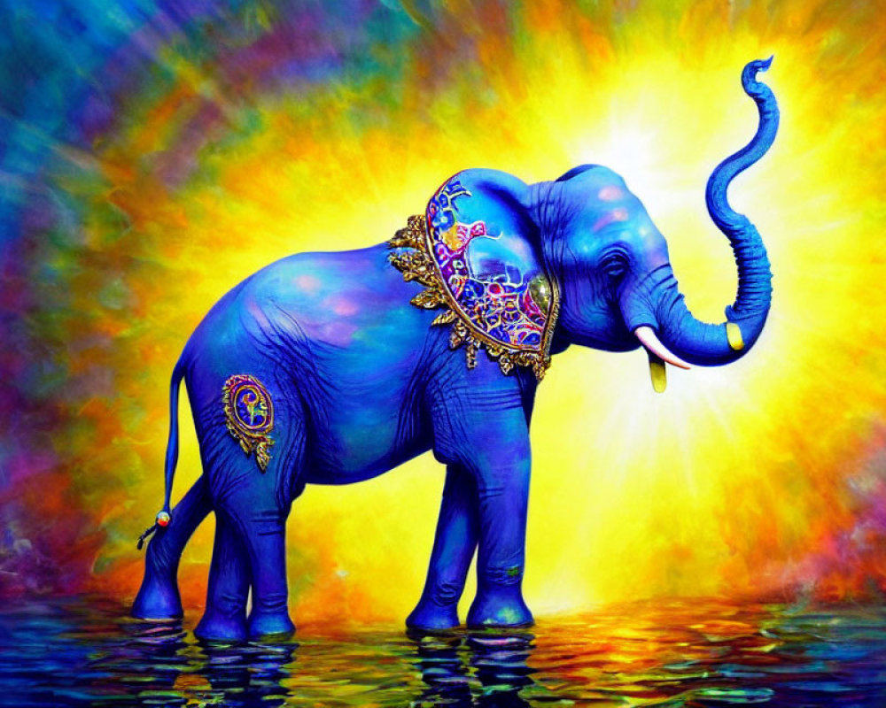 Colorful Artwork: Blue Elephant with Traditional Ornaments Standing in Water