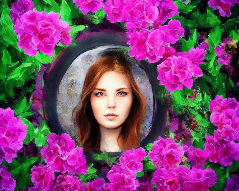 Circular Opening Surrounds Woman's Face Amid Pink Flowers and Greenery