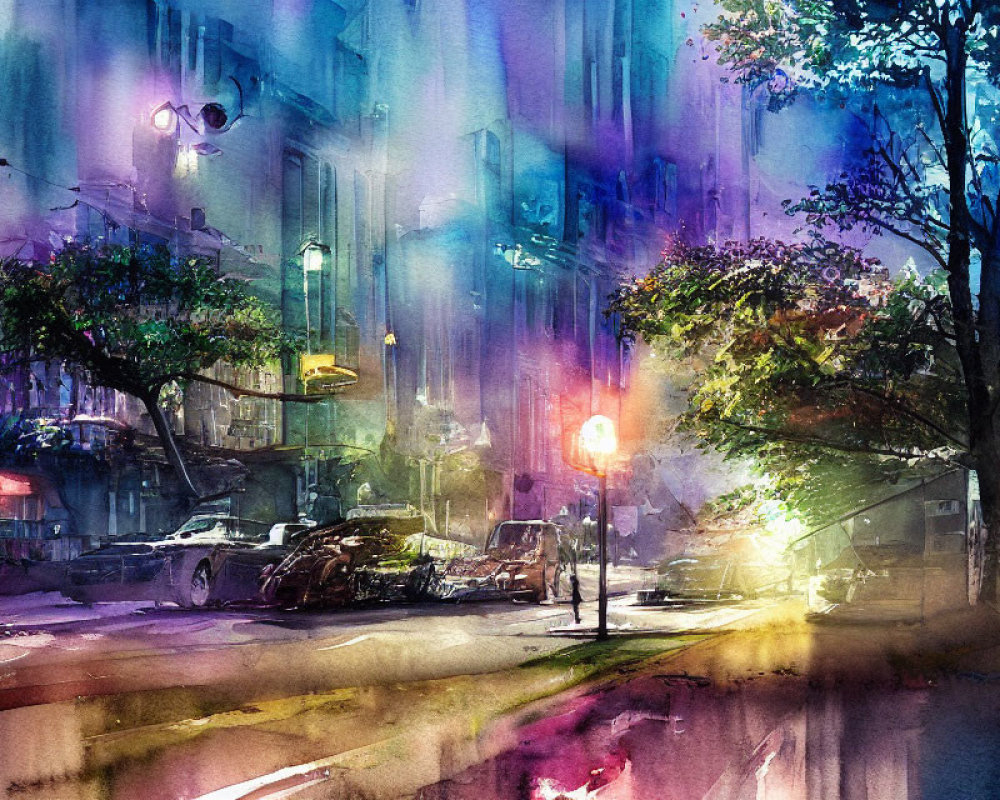 Blurred lights and parked cars in vibrant watercolor street scene