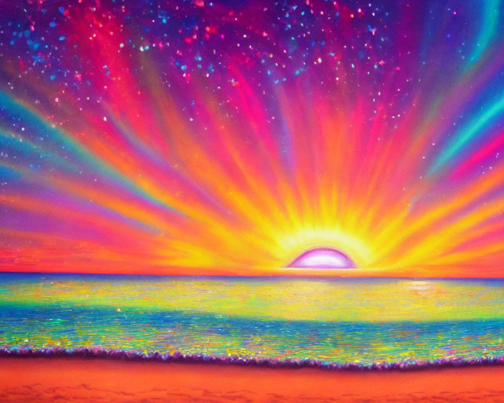 Colorful sunset painting with ocean reflection and starry sky