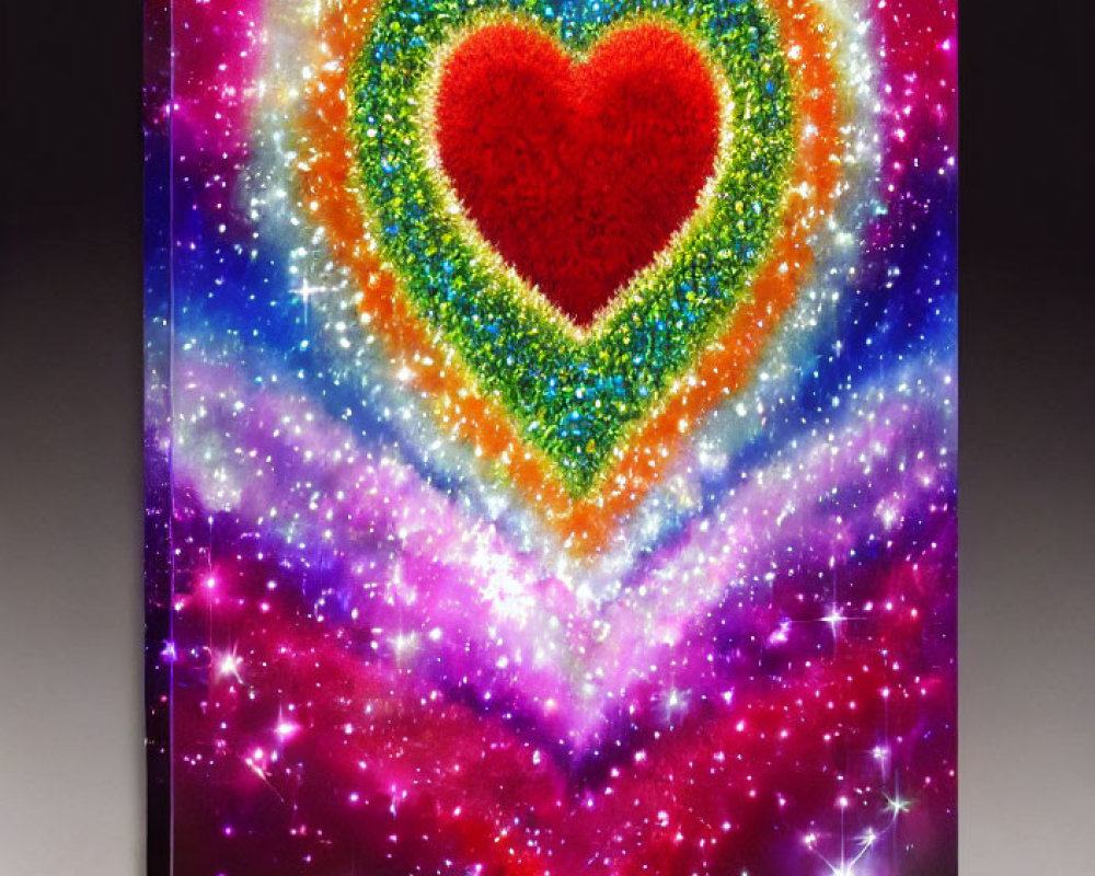 Colorful Glitter Heart on Black Canvas: Cosmic Explosion Theme