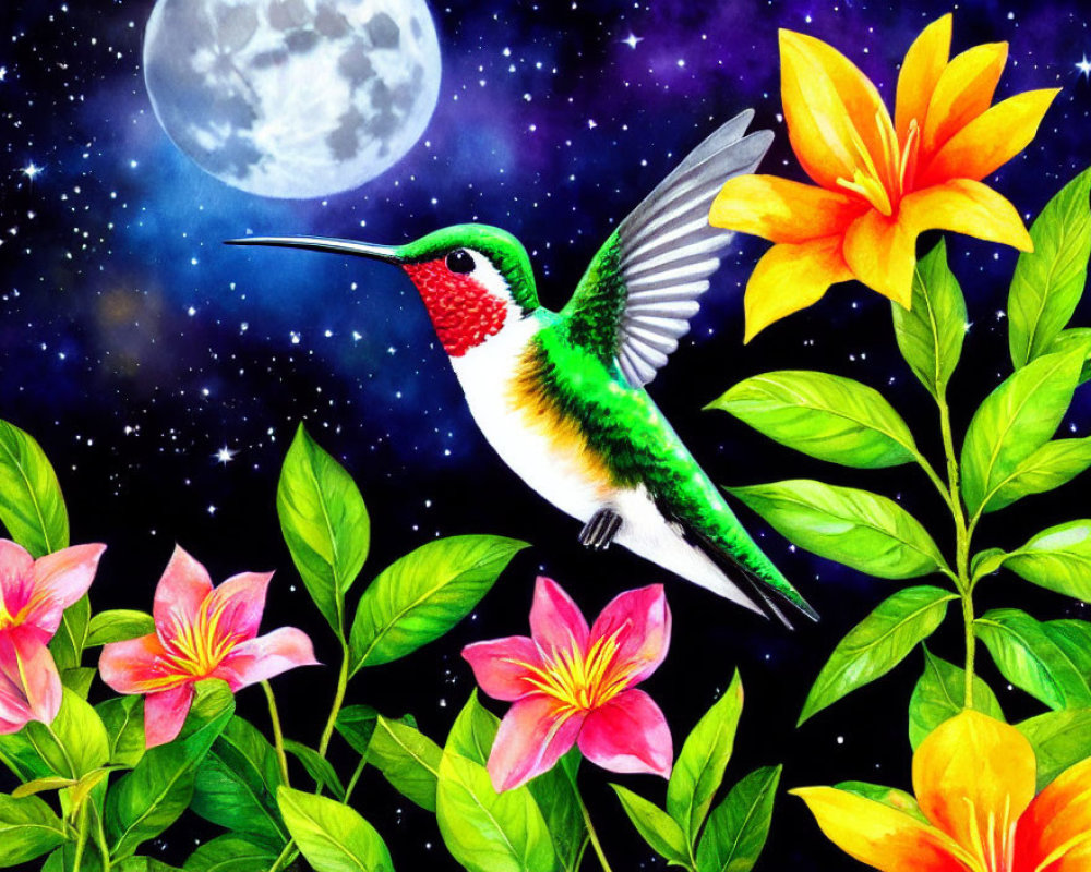 Colorful hummingbird in flight with pink and yellow flowers under full moon.