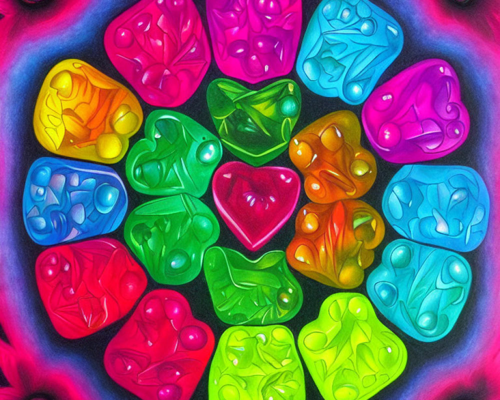 Vibrant Heart-shaped Objects with Raised Bumps on Psychedelic Background