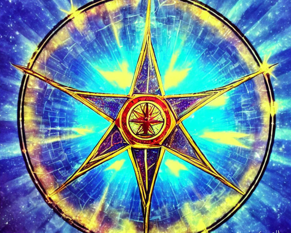 Colorful Stylized Compass Rose on Cosmic Blue Background