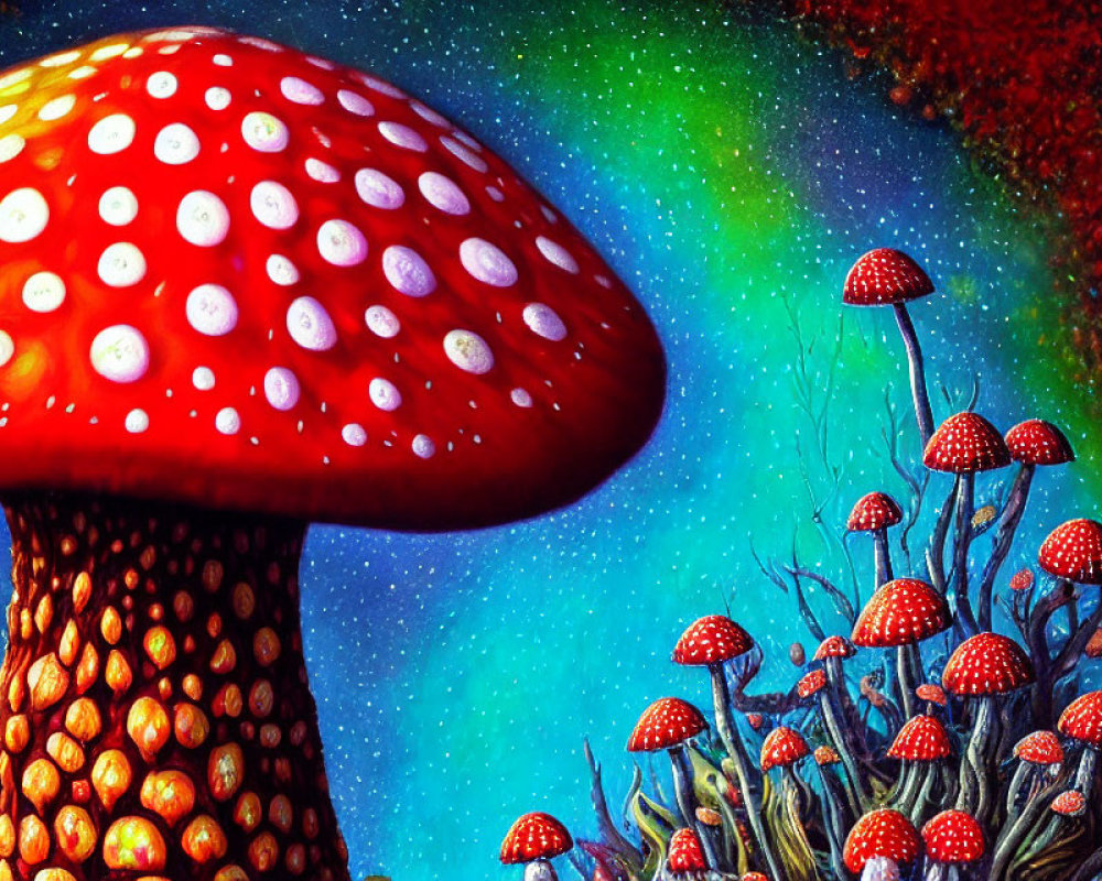 Colorful Mushroom Painting on Cosmic Starry Background